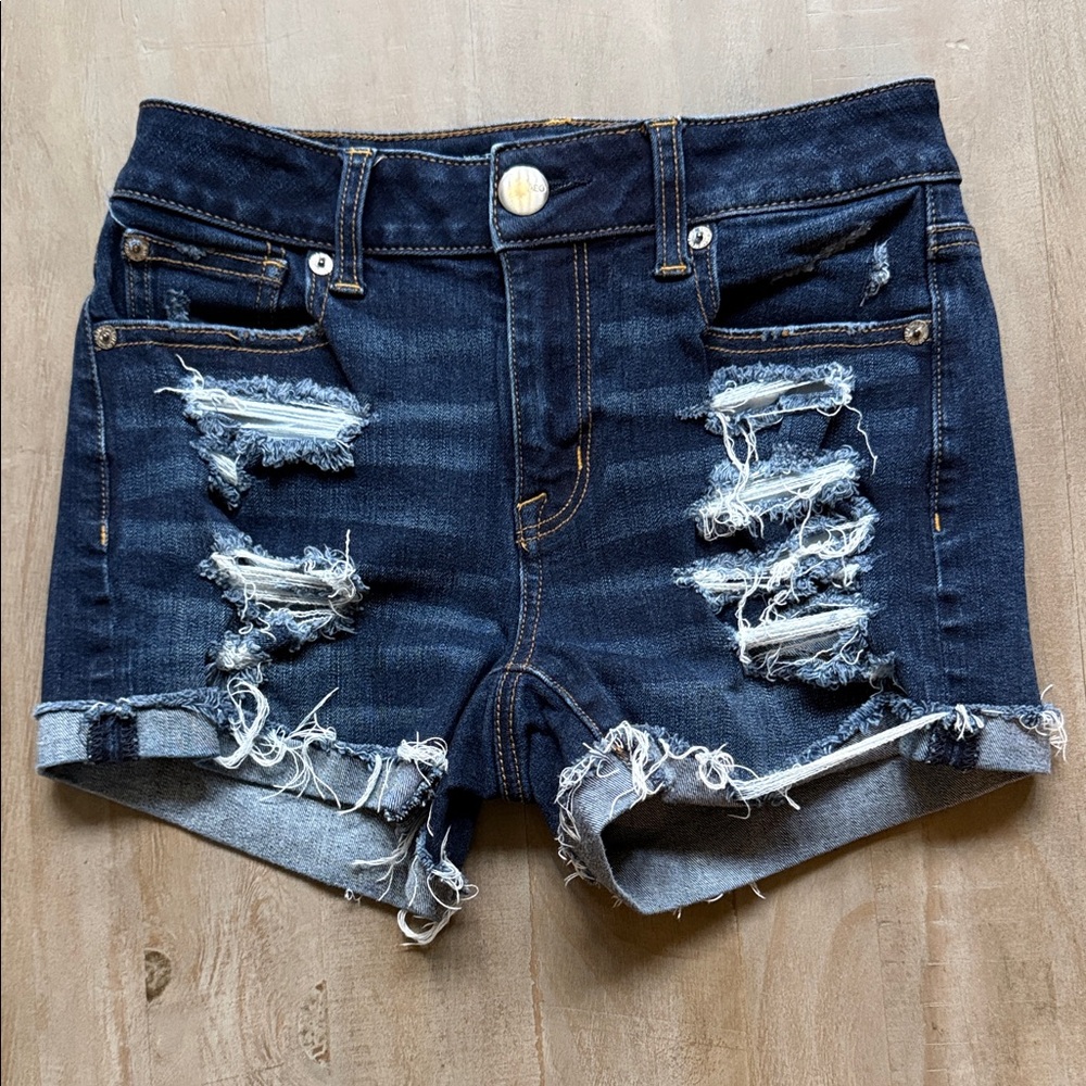 American Eagle Outfitters Distressed Dark Indigo Roll-Hem Denim Shorts